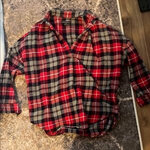 Warm soft flannel Red Blue Gray and Black Plaid v neck pull over high low back